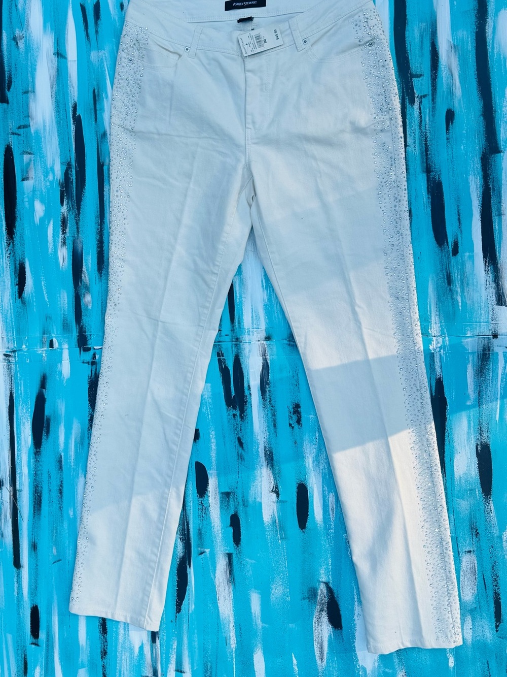 Ashley Stewart White Skinny Jeans with Side Rhinestone Embellishments